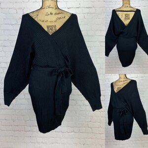 Love Tree Black Ribbed Knit Belted Batwing Sleeve Sweater Dress